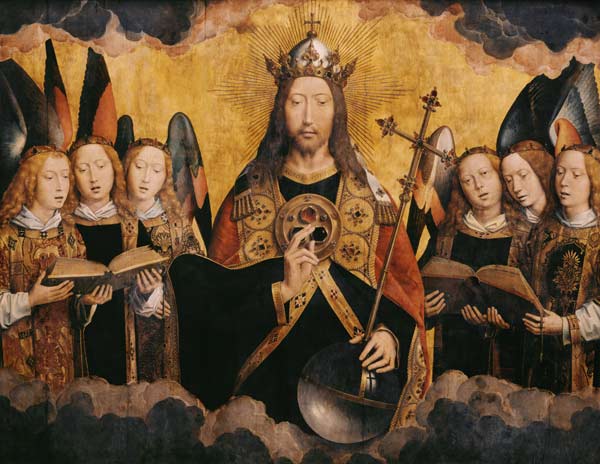 Christ Blessing, central panel from a triptych from the Church of Santa Maria la Real, Najera von Hans Memling