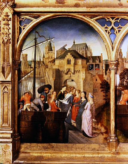 St. Ursula and her companions landing at Cologne, from the Reliquary of St. Ursula, before 1489 von Hans Memling