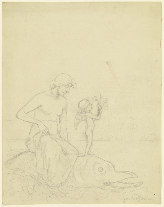 Venus auf dem Delphin (Mädchen mit Amor auf einem Delphin reitend) von Hans Thoma