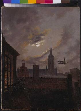 Deutscher Mondschein (Blick über Dächer auf eine gotische Kirche im Mondschein) 1833