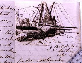 RI MS F1 I160 Vignette of fishing boats at Hastings, a sketch in a letter to Michael Faraday (1791-1 23 Septemb