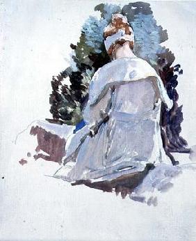 Woman in a white dress sitting upon rocks (oil on paper) 20th