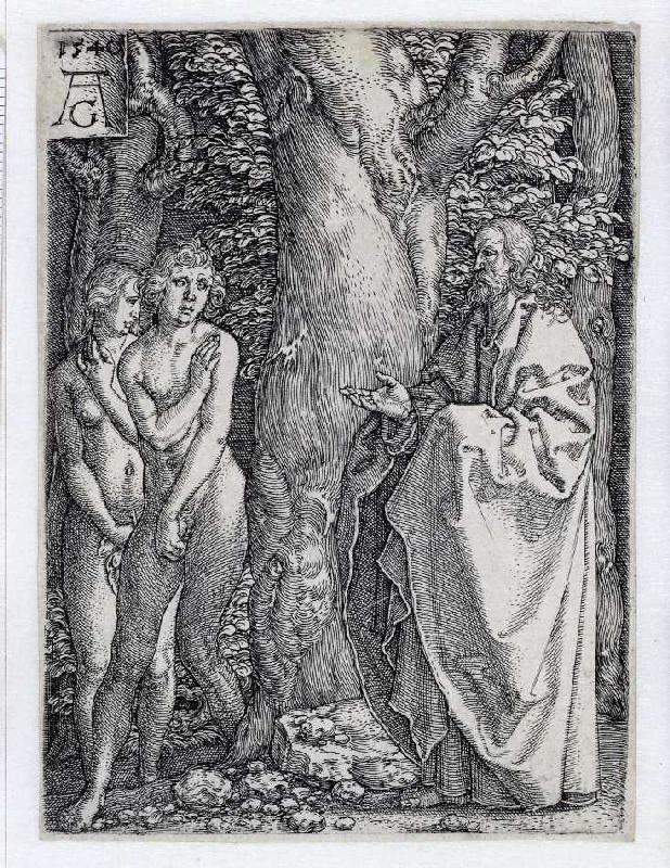 Die Geschichte von Adam und Eva: Adam und Eva bedecken ihre Scham von Heinrich Aldegrever