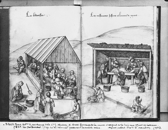 Silver mine of La Croix-aux-Mines, Lorraine, fol.18v and fol.19, sorting out and washing the ore, c. von Heinrich Gross or Groff