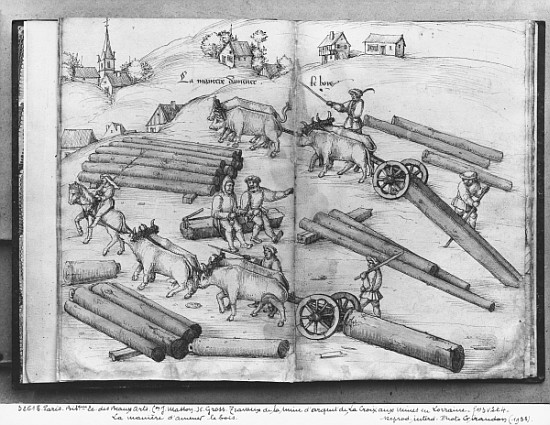 Siver mine of La Croix-aux-Mines, Lorraine, fol.3v and 4r, transporting wood, c.1530 von Heinrich Gross or Groff