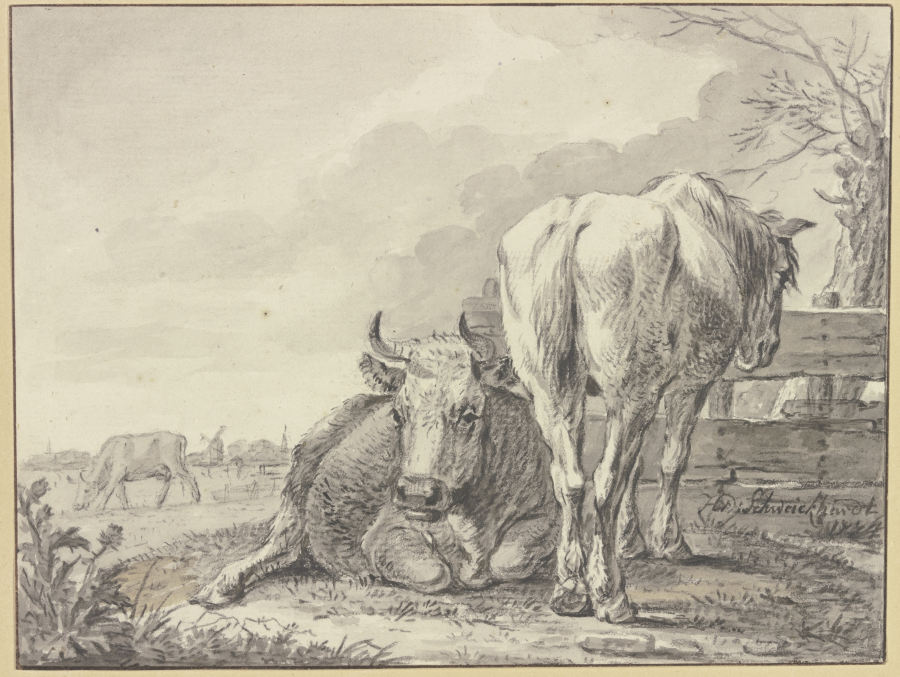 Eine Kuh und ein Pferd an einem Bretterzaun von Heinrich Wilhelm Schweickhardt