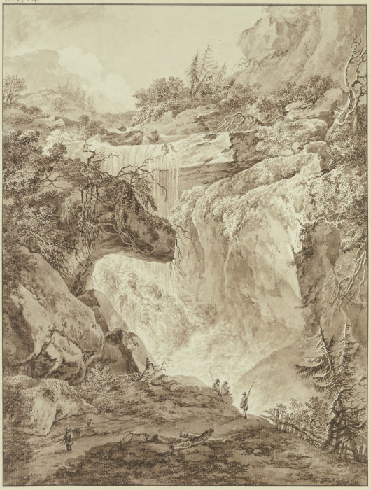 Wasserfall in einer Gebirgsschlucht, im Vordergrund vier Angler von Heinrich Wüest