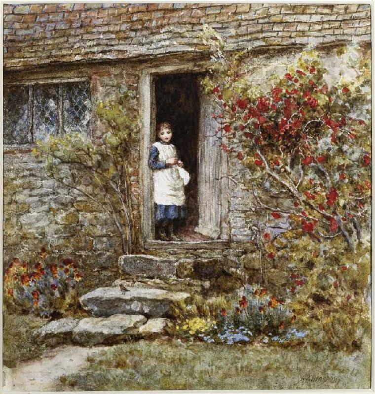 Mädchen in der Tür eines Bauernhauses. von Helen Allingham