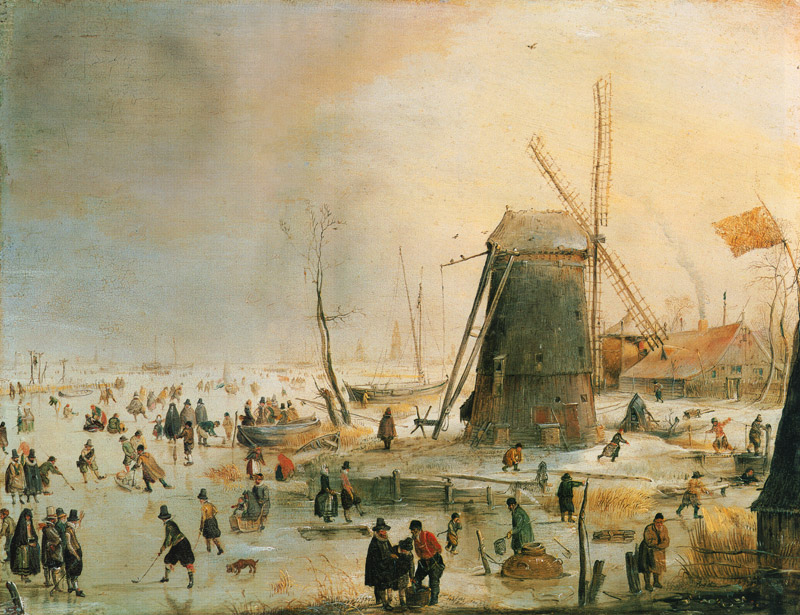 Winterlandschaft mit Schlittschuhfahrern bei einer Windmühle von Hendrik Averkamp