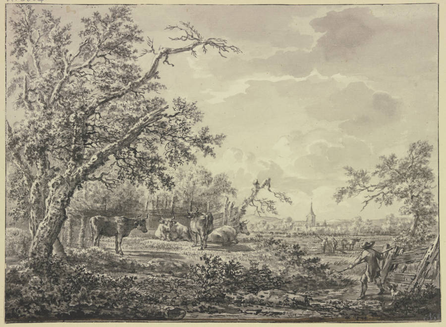 Am Waldesrand bei einem Zaun Vieh und ein Hirte von Hendrik Schepper