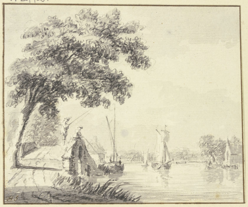 Steinerne Brücke mit zwei Anglern bei einem Fluß von Hendrik Spilman