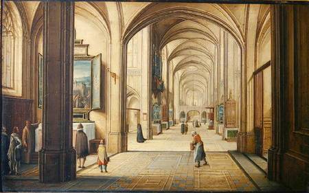 Church interior with a sacristan showing a painting to visitors von Hendrik van Steenwyk