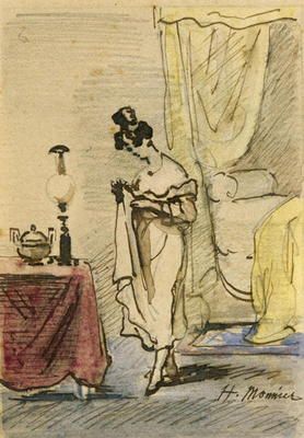 Young Lady at Home (ink & w/c on paper) 2:Jeune fille dans un interieur; intimite; von Henri Bonaventure Monnier