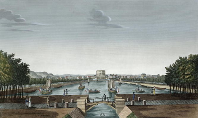 Vief of the Bassin du Canal de l'Ourq a la Villette, c.1815-20 (colour engraving) von Henri Courvoisier-Voisin