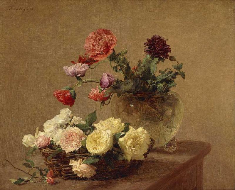 Blumen in Glasvase und Korb mit Rosen von Henri Fantin-Latour