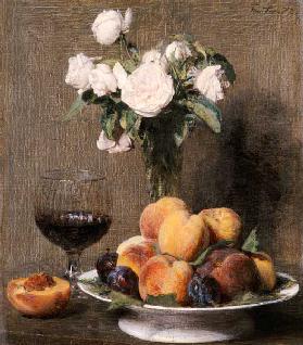 Stillleben mit Rosen, Früchten und einem Weingls 1872