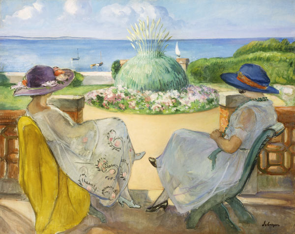 Zwei junge Frauen auf einer Terrasse am Meer von Henri Lebasque