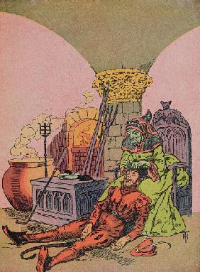 The devils mother pulling the golden hairs from her sons head,illustration for the Grimm fairy tale  1948