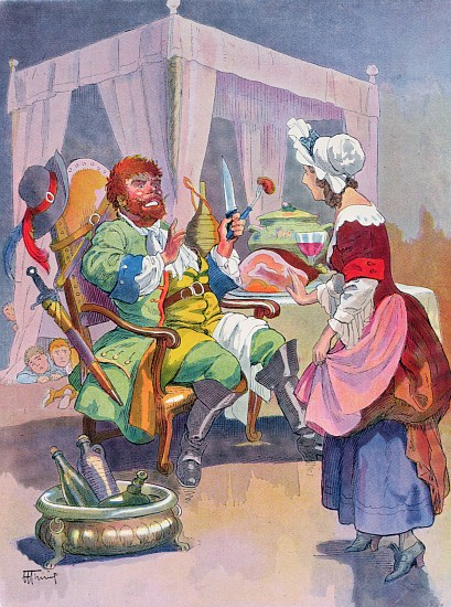 The Ogre smells fresh human flesh, illustration for a Perrault fairy tale Tom Thumb (Le Petit Poucet von Henri Thiriet