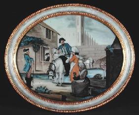 A reverse glass painting showing a farewell scene outside a tavern c.1790