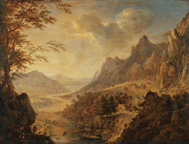Gebirgige Landschaft an einem Fluss, im Vordergrund ein Dorf und mehrere am Ufer liegende Kähne von Herman Saftleven III