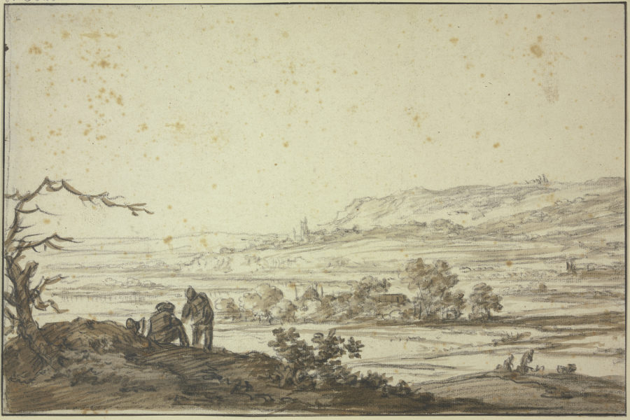 Landschaft, vorne links an einem dürren Baum zwei Figuren von Herman Saftleven III