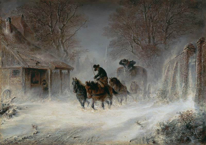Kutsche im Schneesturm. von Hermann Kauffmann