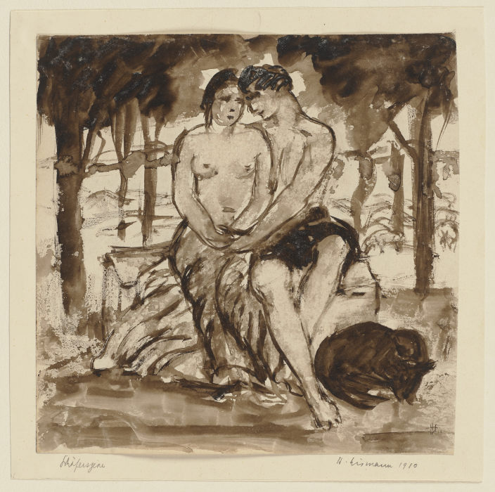 Schäferszene: Paar mit nacktem Oberkörper unter Bäumen sitzend, neben ihnen ein Hund von Hermann Lismann