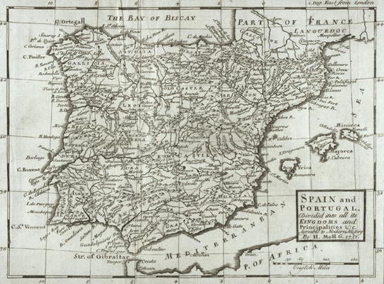 Map of Spain and Portugal, 1731 (engraving) von Hermann Moll