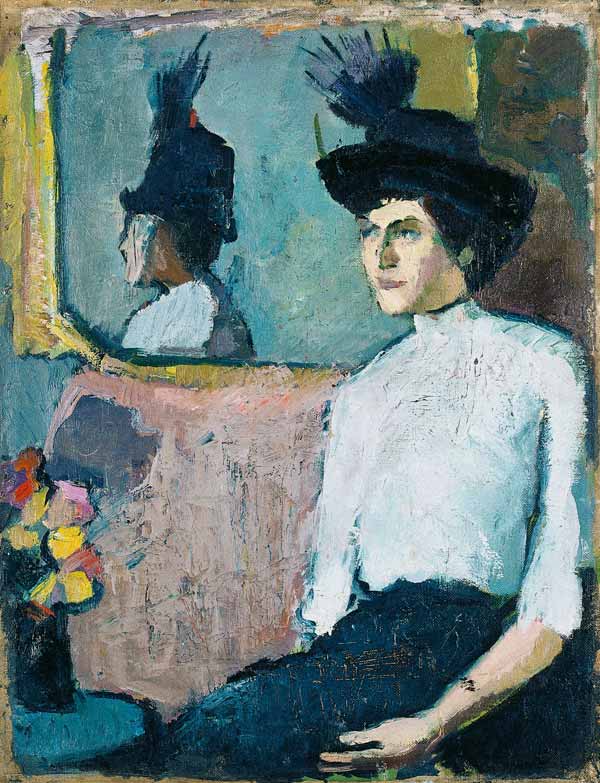 Frau mit Hut vor einem Spiegel von Hermann Stenner