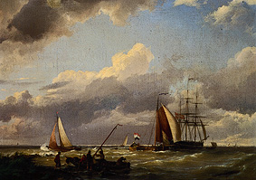 Holländische Schiffe bei leichter Brise in Küstennähe von Hermanus Koekkoek