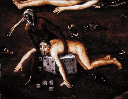 The Inferno, detail of a man elevated by a creature with a bird's beak onto a dice von Herri met de Bles