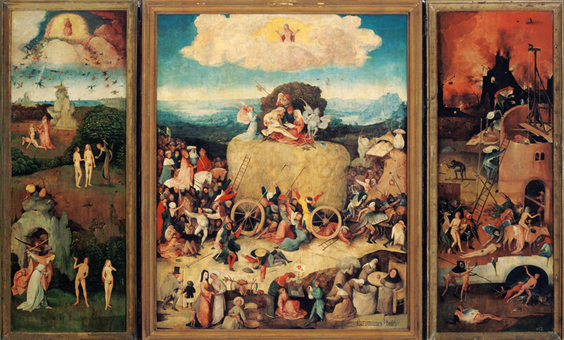 Triptychon Der Heuwagen, Totale, geöffnet. von Hieronymus Bosch