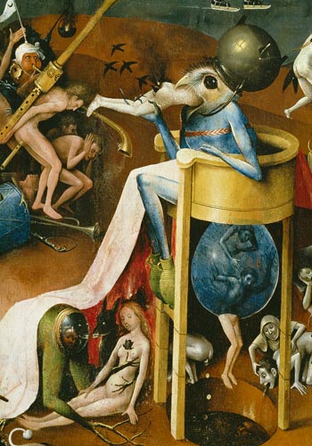 The Garden of Earthly Delights: Hell, right wing of triptych, detail of blue bird-man on a stool von Hieronymus Bosch