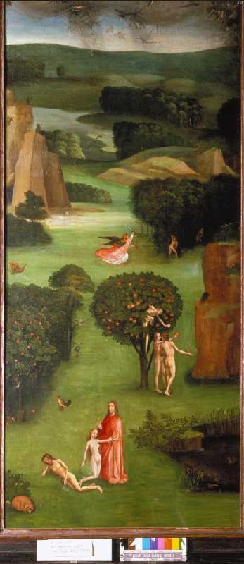 Weltgerichts-Triptychon Detail des li. Flügels: Erschaffung Evas, Sündenfall, Vertreibung von Hieronymus Bosch