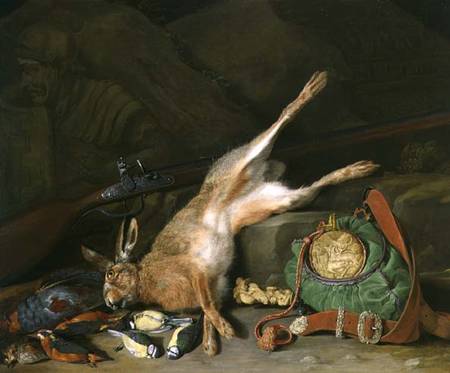 A Still life of a Hare with Hunting Equipment and a Musket von Hieronymus the Elder Galle
