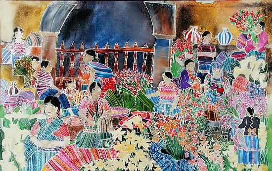 Chichicastango, Market Day (coloured inks on silk)  von Hilary  Simon
