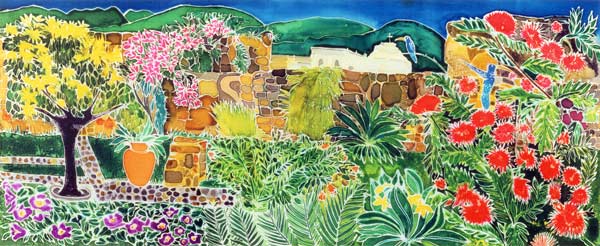 Convent Gardens, Antigua, 1993 (coloured inks on silk)  von Hilary  Simon
