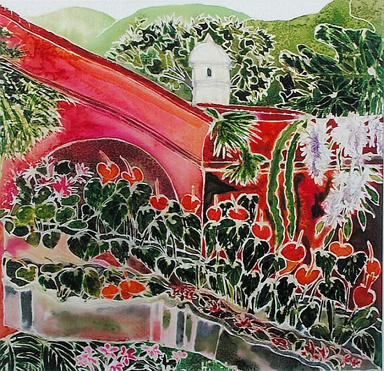 In Our Garden, Antigua (coloured inks on silk)  von Hilary  Simon
