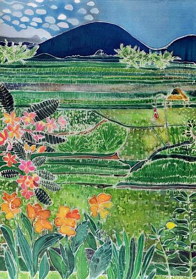 Lovina Ricefields with Lilies and Frangipani, Bali, 1996 (coloured inks on silk)  von Hilary  Simon