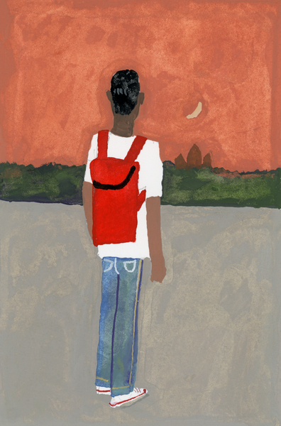 A traveler carrying a red backpack von Hiroyuki Izutsu