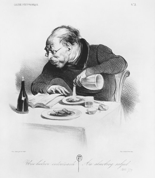 Series ''Galerie physionomique'', Une lecture entrainante, An absorbing subject, plate 3, illustrati von Honoré Daumier