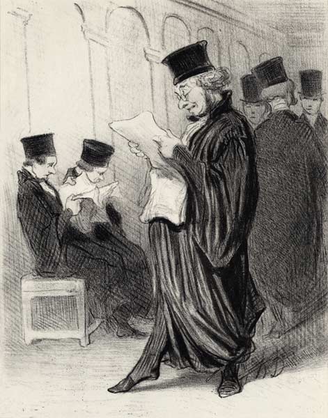 Rechtsanwalt Chapotard liest in einer juristischen Zeitschrift die von ihm selbst verfasste Lobschri von Honoré Daumier