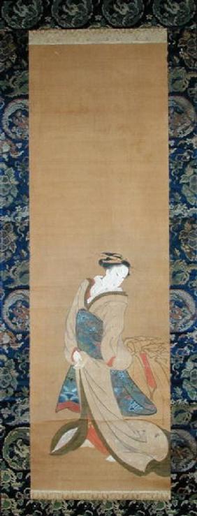 An Elegant Woman in a Blue Obi (pen & ink on silk)