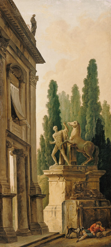 Landschaft mit Denkmal eines Pferdebändigers. von Hubert Robert