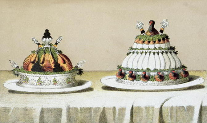 Design for the presentation of chicken stuffed with foie gras and pheasant breasts cooked in the Ber von Hungarian School (19th century)