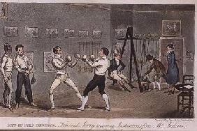 Art of Self Defence: Tom and Jerry receiving instructions from Mr Jackson, from 'Life in London' by 1821 oured