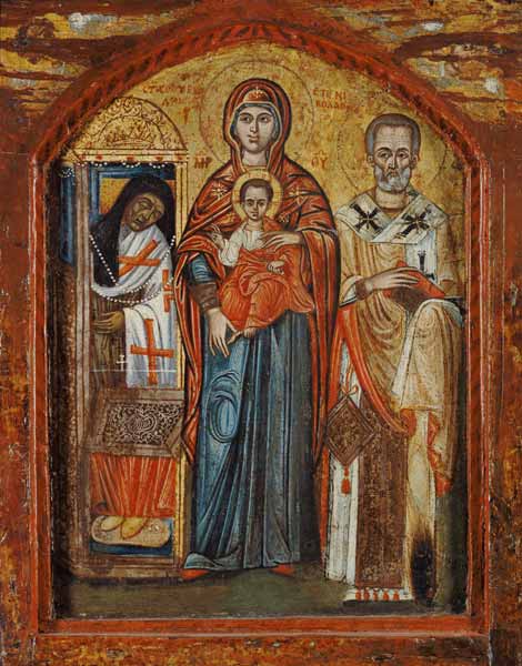 Die Gottesmutter und die hll.Spiridon und Nikolaus von Bari. von Ikone (griechisch)