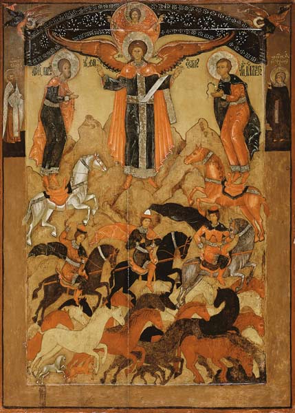Die hll. Florus u.Laurus mit dem Erzengel Michael, unten Pferde mit den Stallknechten Speusippos,Ele von Ikone (russisch)