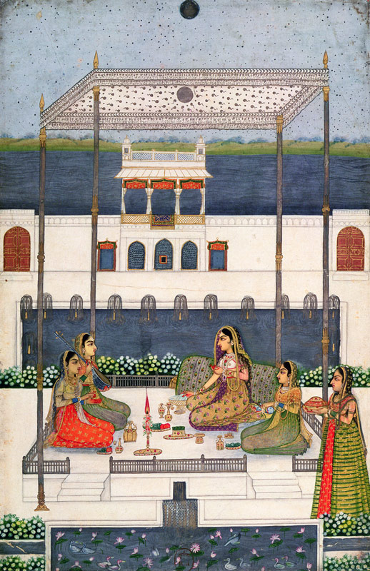 Evening party in the garden of a Mughal Palace, Lucknow or Murshidabad, West Bengal von Indian School